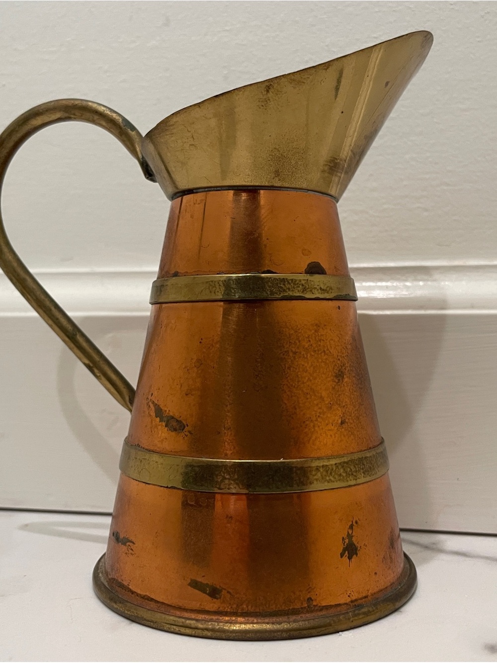 Vintage Copper Brass Pitcher Jug 5” Banded Patina Made in England